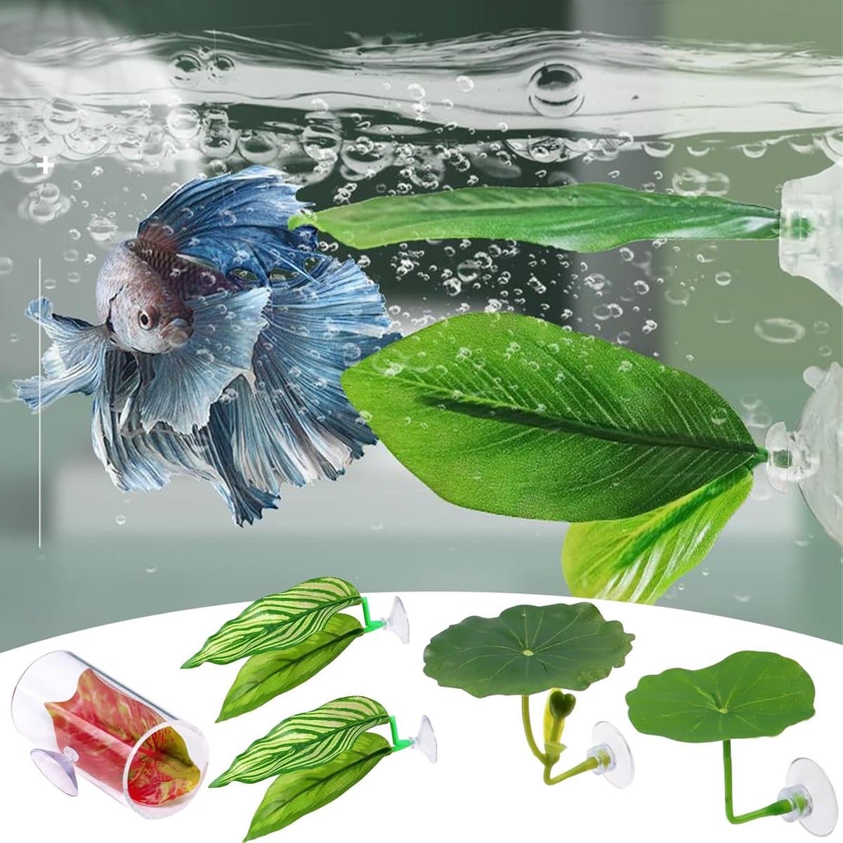 Betta Bed & Tunnel Set - 5 Stuks - Kempvis Rustplaats - Aquarium Decoratie met Zuignap - Realistische Bladeren - Groen thumbnail 3