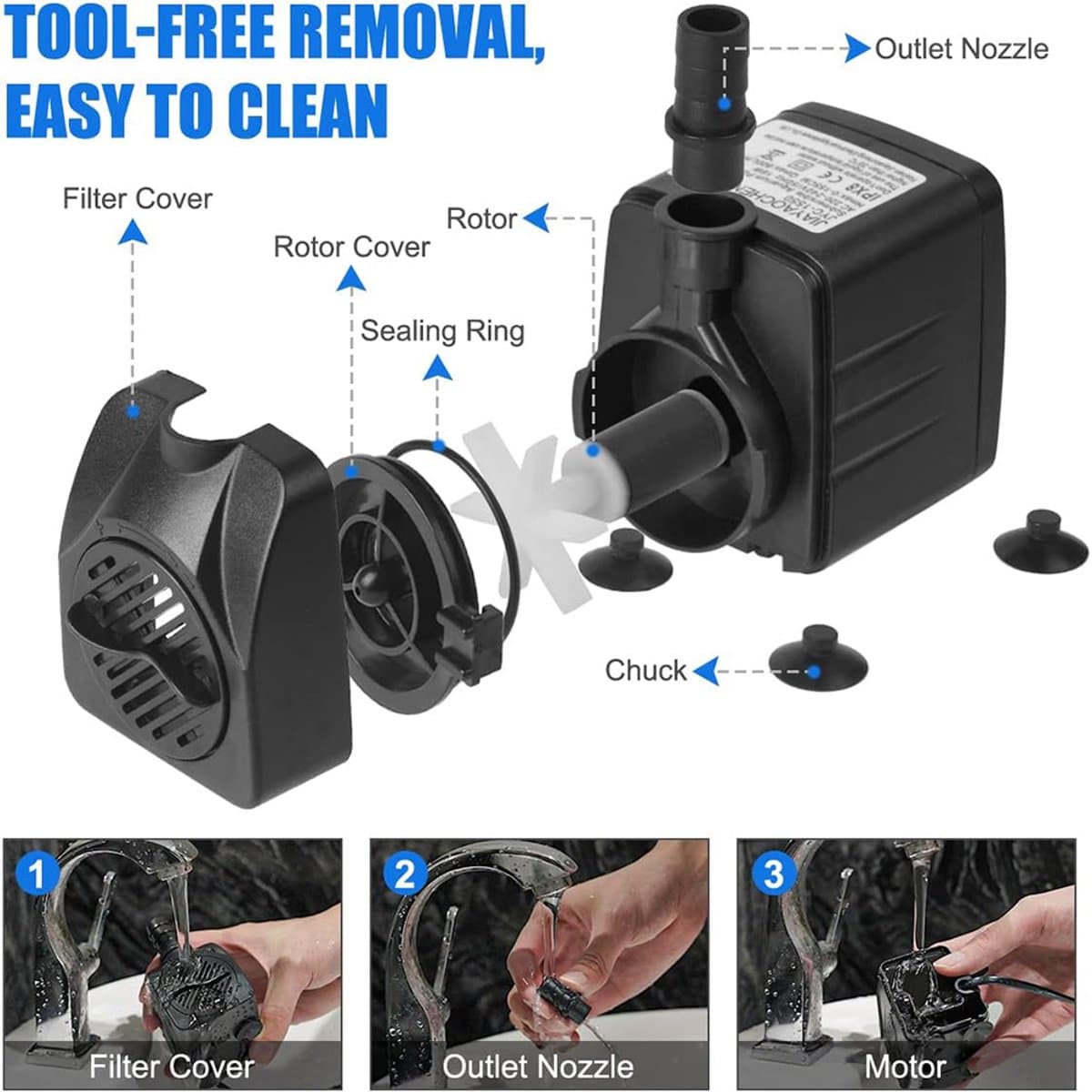 Stille 10 W Mini-Waterpomp 600 L/U - met 1,4 M Snoer en 2 Sproeiers - voor Aquaria, Vijvers en Fonteinen thumbnail 13