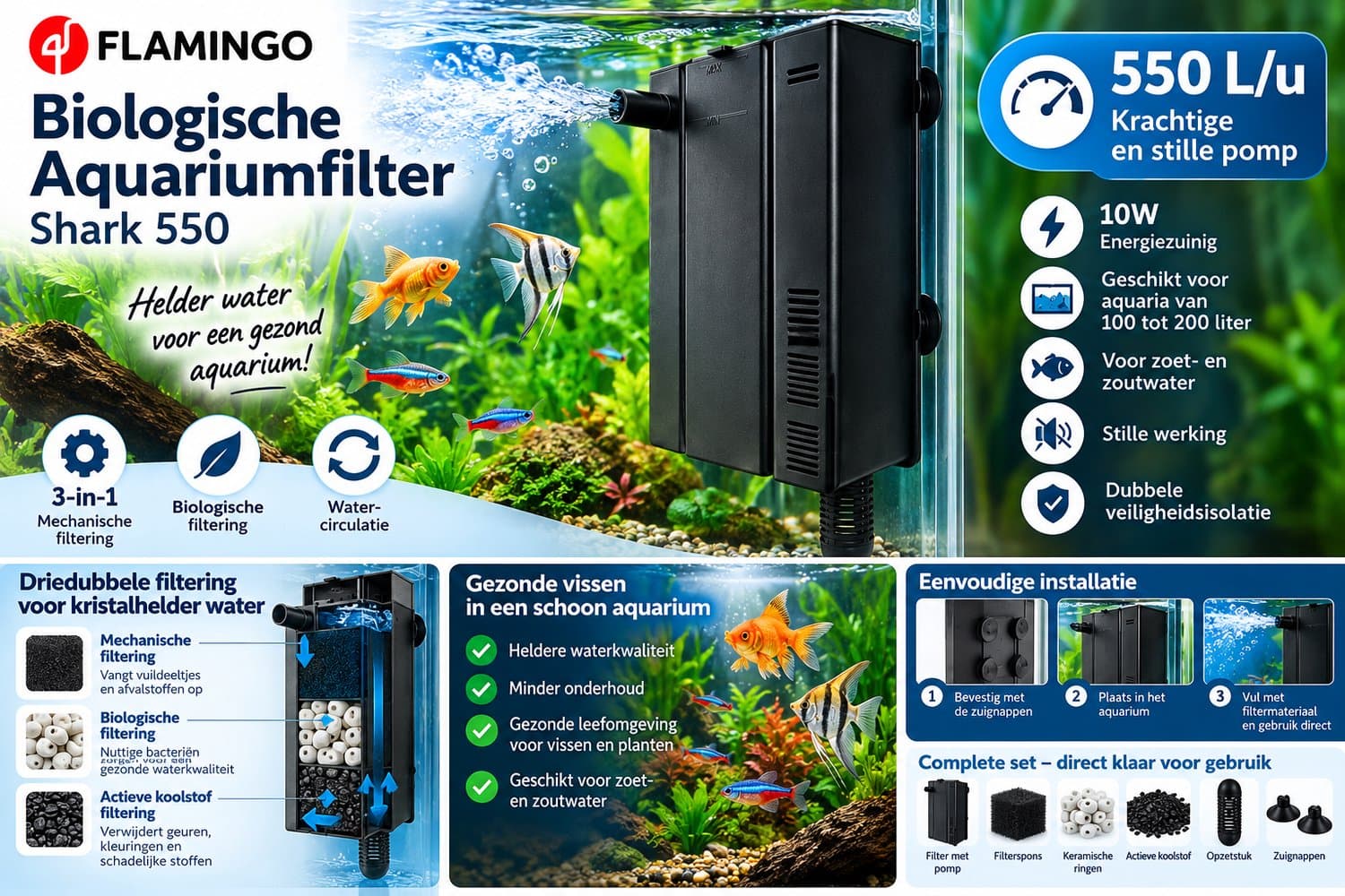 Filter aquarium - Flamingo Shark 550 - L - zwart - biologisch 3-in-1 - 550 L/u - 10W - 100 tot 200 liter thumbnail 2