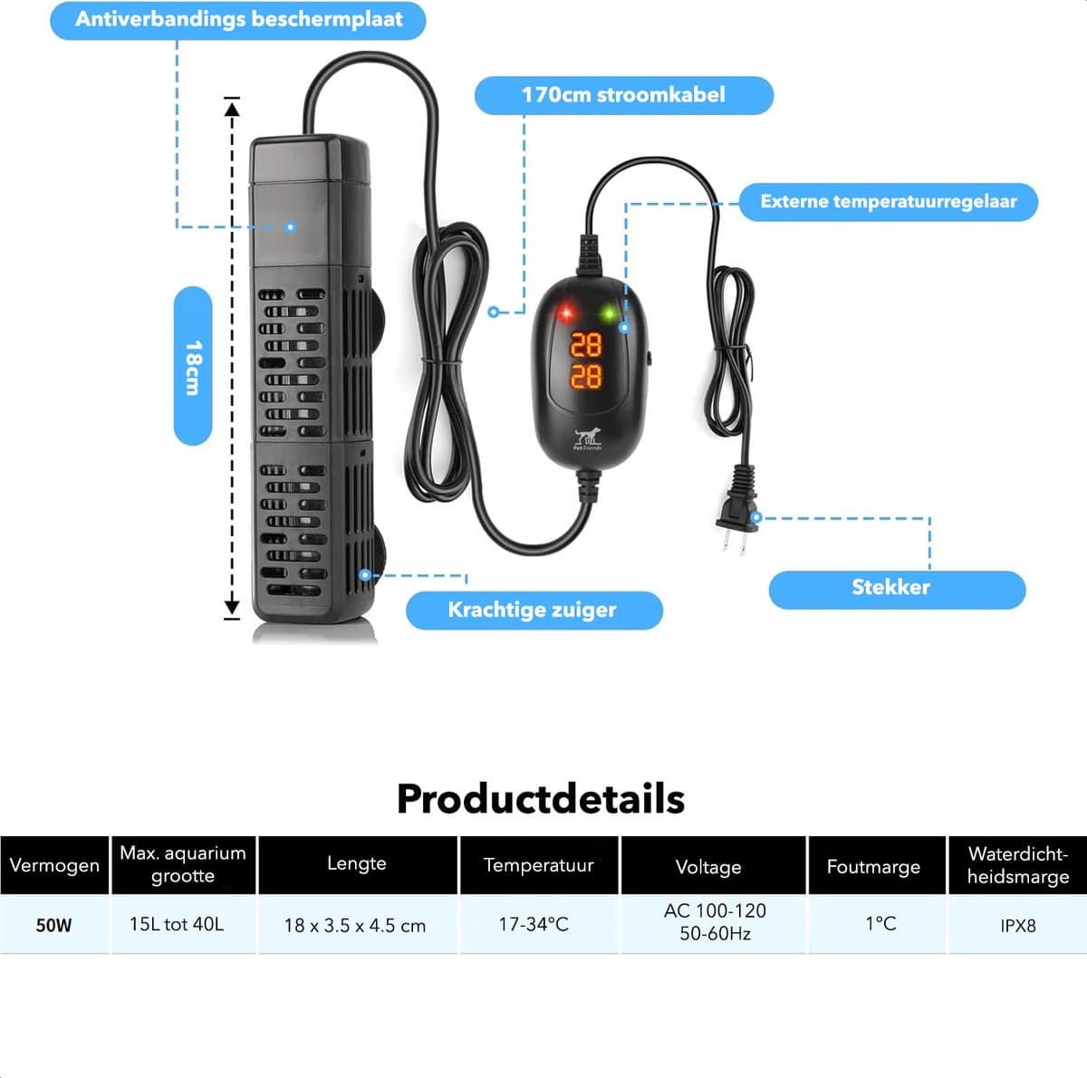 PetFriends Professionele Aquarium verwarming 50W met Slimme Digitale Thermometer - Tot 40 Liter - Oververhittingsbescherming - Heater - Filter thumbnail 7