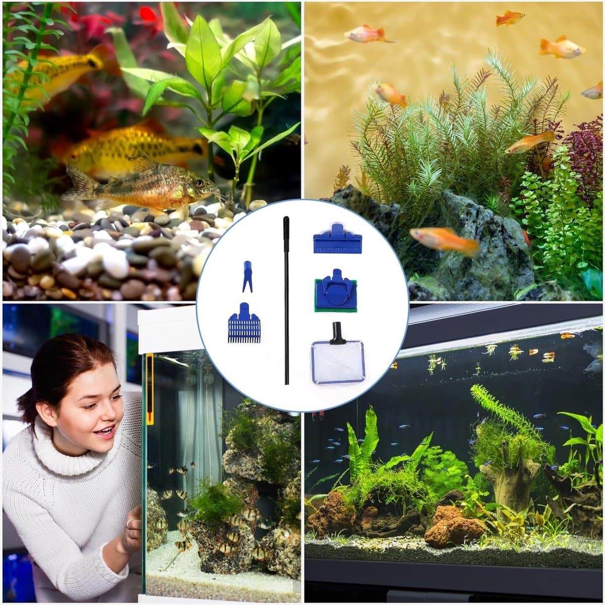 5-in-1 Aquarium Reinigingsset met Algen Schraper, Borstel, Grind Hark, Plantenvork en Vissennet voor Effectieve Aquarium Onderhoud en Schoonmaak thumbnail 6