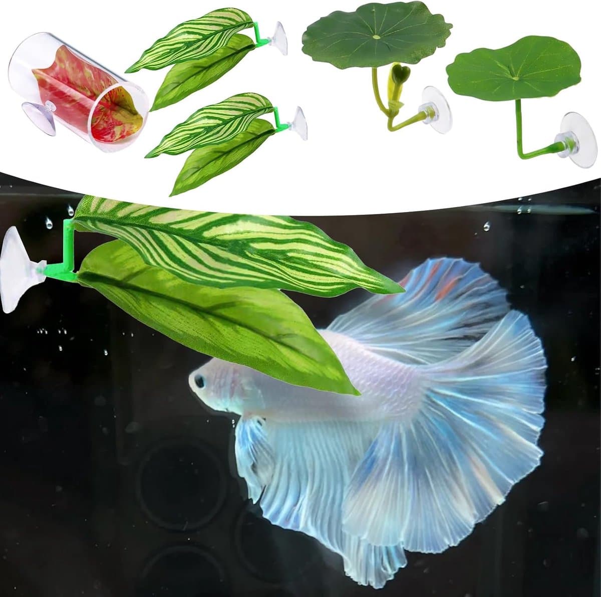 Betta Bed & Tunnel Set - 5 Stuks - Kempvis Rustplaats - Aquarium Decoratie met Zuignap - Realistische Bladeren - Groen thumbnail 6