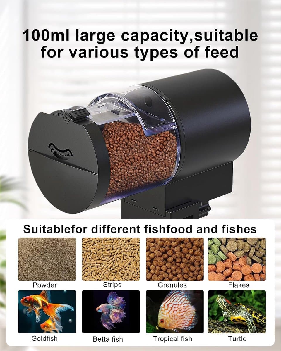 Automatische Voederautomaat voor Aquarium -Vochtbestendige Visvoerautomaat - voor Vakantie - Voor Vlokken, Korrels & Pellets - Klem & Plak Bevestiging - 100ML-Zwart thumbnail 3