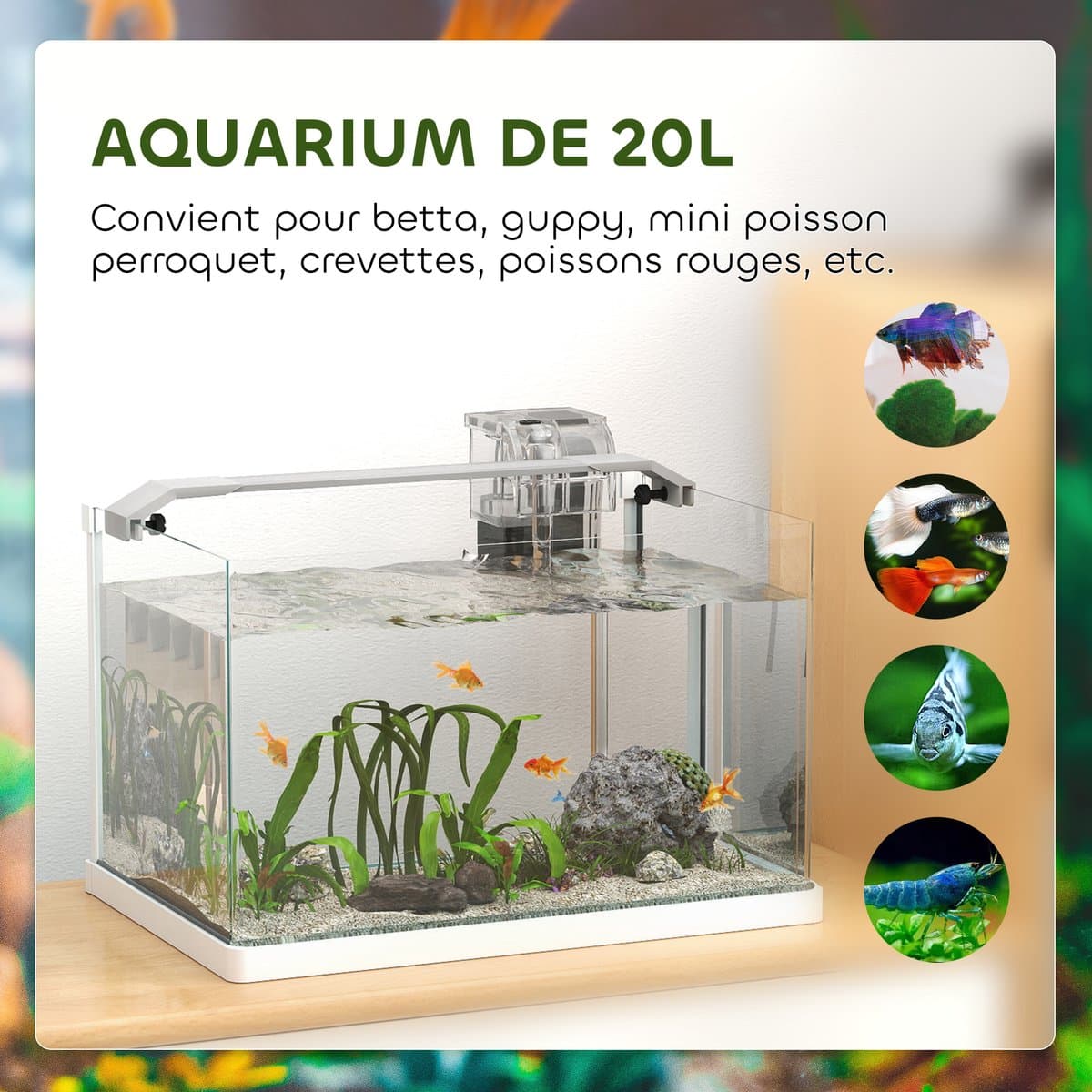 Glazen aquarium met LED-verlichting - 20 liter inhoud - filterpomp - 38 x 26 x 27 cm - wit thumbnail 4