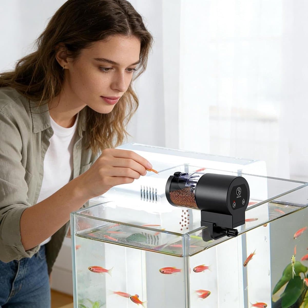 Automatische Voederautomaat Aquarium - Automatische Voederautomaat - Digitale Visvoer Dispenser - met Timer & 360° Rotatie - Vochtbestendige Visvoerautomaat - voor Vakantie - Voor Vlokken, Korrels & Pellets - Klem & Plak Bevestiging - Zwart thumbnail 5