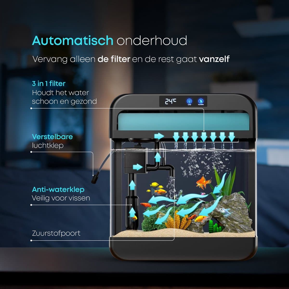 AquaImpact Premium Zelfreinigend Aquarium 26 L – Set met 3‑in‑1 Pomp - LED & Touch Display – Timer & Dim Functie - Incl. Luchtbevochtiger - Garnalen Aquarium thumbnail 4