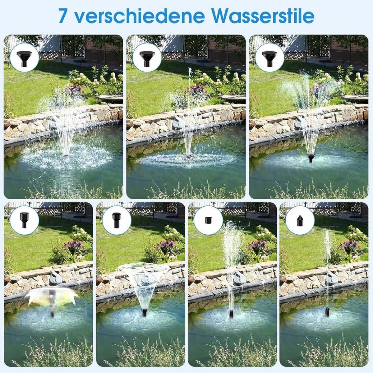 POPOSOAP 12 W Solar Vijverpomp Fontein voor Buiten, Tuin, Vijver, Aquarium | Met droogloopbeveiliging, 2 m slang, 7 sproeistanden, stabiele waterstraal, eenvoudige installatie, geschikt voor waterpartijen thumbnail 5