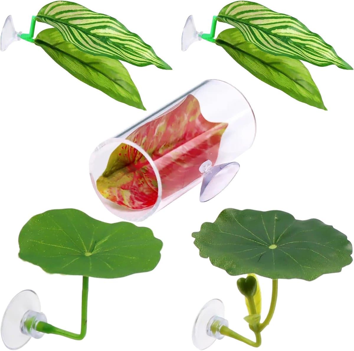 Betta Bed & Tunnel Set - 5 Stuks - Kempvis Rustplaats - Aquarium Decoratie met Zuignap - Realistische Bladeren - Groen thumbnail 7