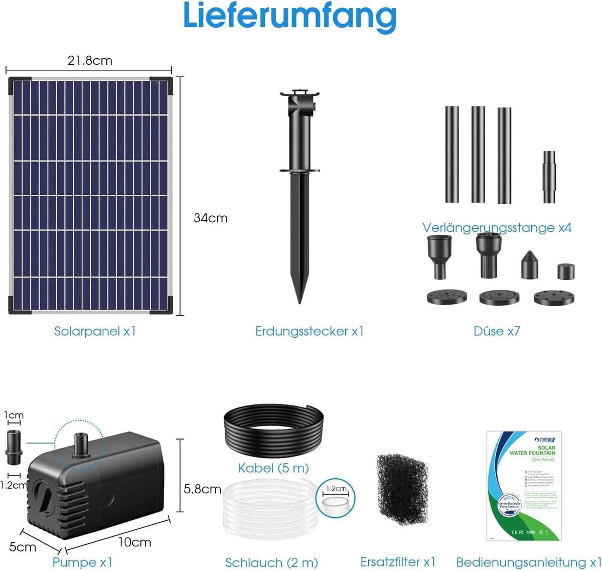 POPOSOAP 12 W Solar Vijverpomp Fontein voor Buiten, Tuin, Vijver, Aquarium | Met droogloopbeveiliging, 2 m slang, 7 sproeistanden, stabiele waterstraal, eenvoudige installatie, geschikt voor waterpartijen thumbnail 6