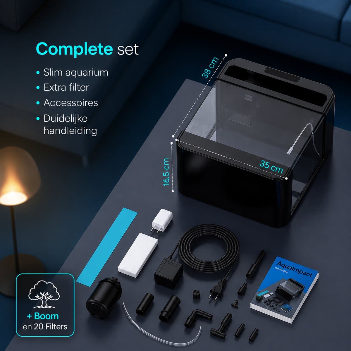 AquaImpact Premium Zelfreinigend Aquarium 26 L – Boom- 20 Filters - Decoratie - Set met 3‑in‑1 Pomp - LED & Touch Display – Timer & Dim Functie - Incl. Luchtbevochtiger - Garnalen Aquarium thumbnail 8
