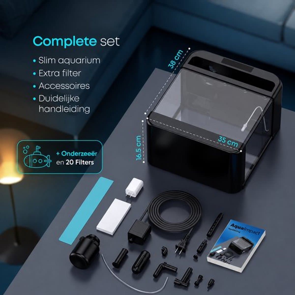 AquaImpact Zelfreinigend Aquarium 13 L – Onderzeeër - 20 Filters - Decoratie - Set met 3‑in‑1 Pomp - LED & Touch Display – Timer & Dim Functie - Incl. Luchtbevochtiger - Garnalen Aquarium thumbnail 8