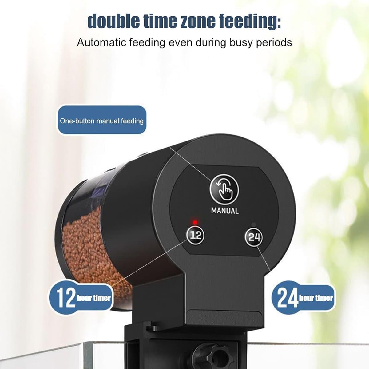 Automatische Voederautomaat Aquarium - Automatische Voederautomaat - Digitale Visvoer Dispenser - met Timer & 360° Rotatie - Vochtbestendige Visvoerautomaat - voor Vakantie - Voor Vlokken, Korrels & Pellets - Klem & Plak Bevestiging - Zwart thumbnail 6