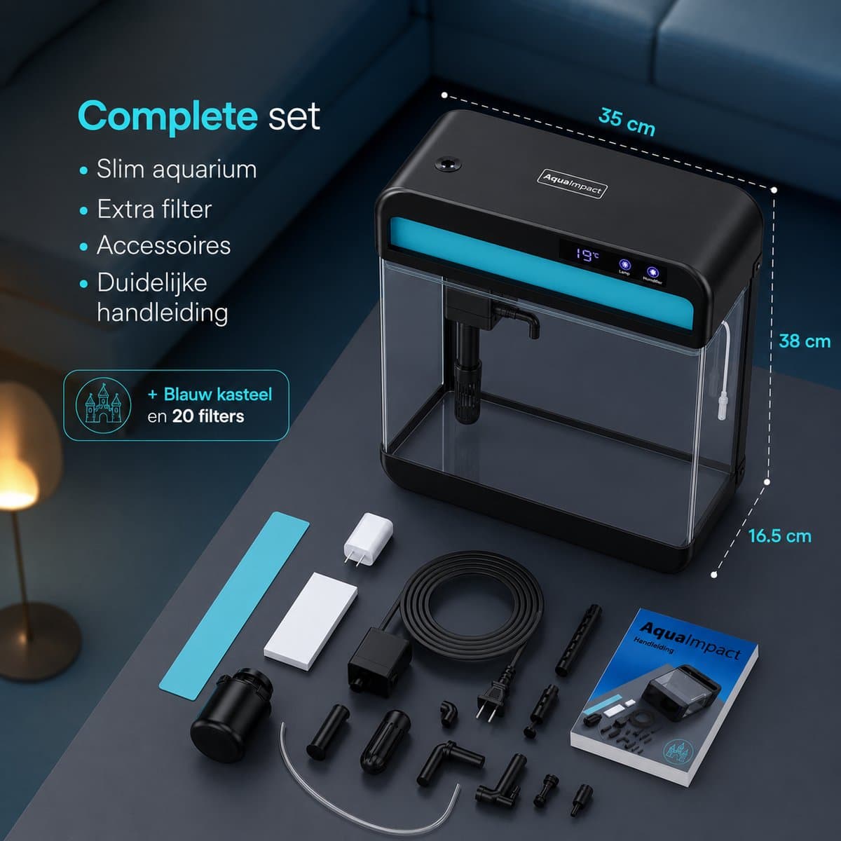 AquaImpact Premium Zelfreinigend Aquarium 26 L – Blauw Kasteel - 20 Filters - Decoratie - Set met 3‑in‑1 Pomp - LED & Touch Display – Timer & Dim Functie - Incl. Luchtbevochtiger - Garnalen Aquarium thumbnail 11