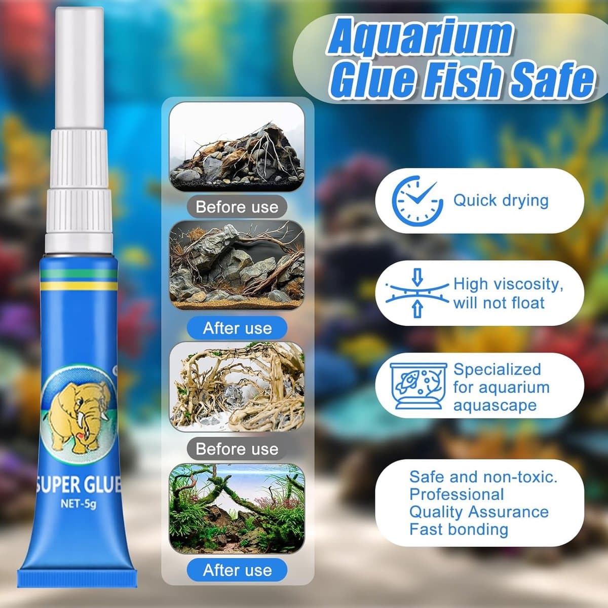 SnelShoppen - Pack van 4 Aquarium Lijm, Koraallijm, Transparante Onderwaterlijm, Waterdicht voor Planten, Mos, Aquascaping, Aquatische Planten, Koraal thumbnail 5