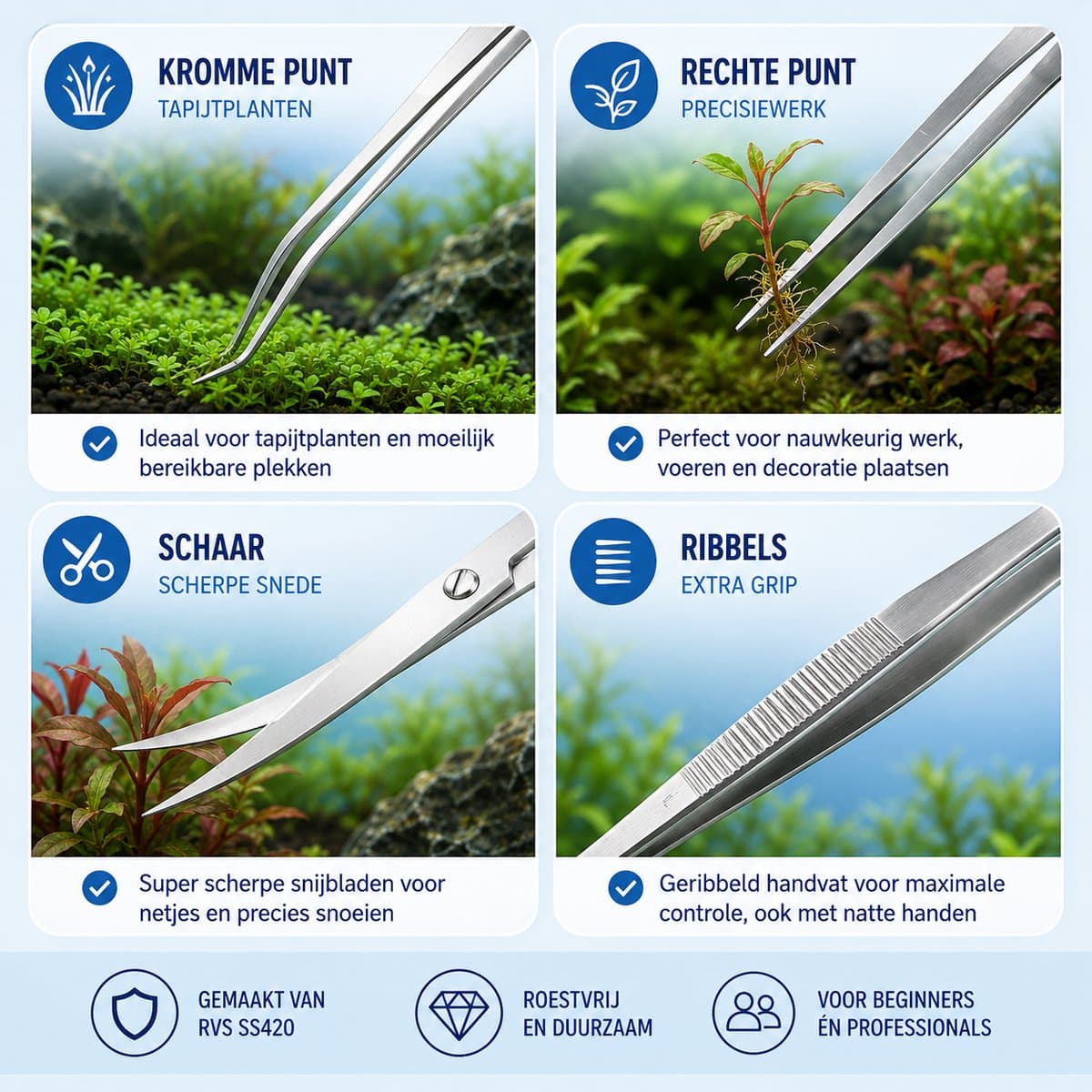 Aqua-Loui® - Aquarium Gereedschapset - 3-delig RVS - 2 Pincetten & Schaar - Voor Aquascaping en Plantenverzorging thumbnail 6