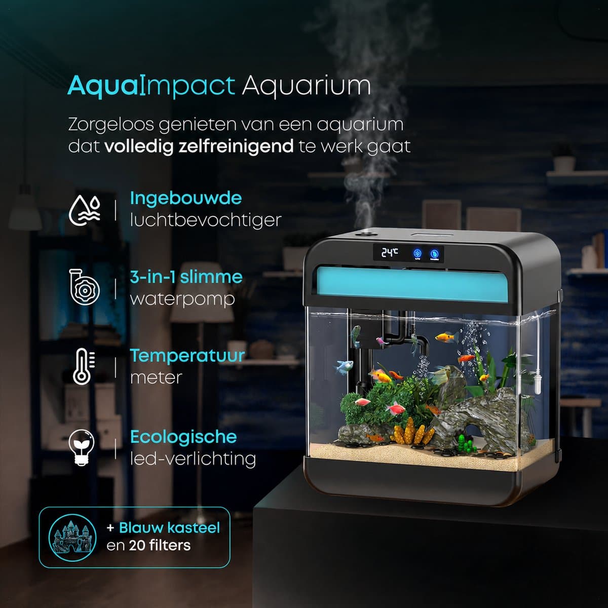 AquaImpact Premium Zelfreinigend Aquarium 26 L – Blauw Kasteel - 20 Filters - Decoratie - Set met 3‑in‑1 Pomp - LED & Touch Display – Timer & Dim Functie - Incl. Luchtbevochtiger - Garnalen Aquarium thumbnail 3