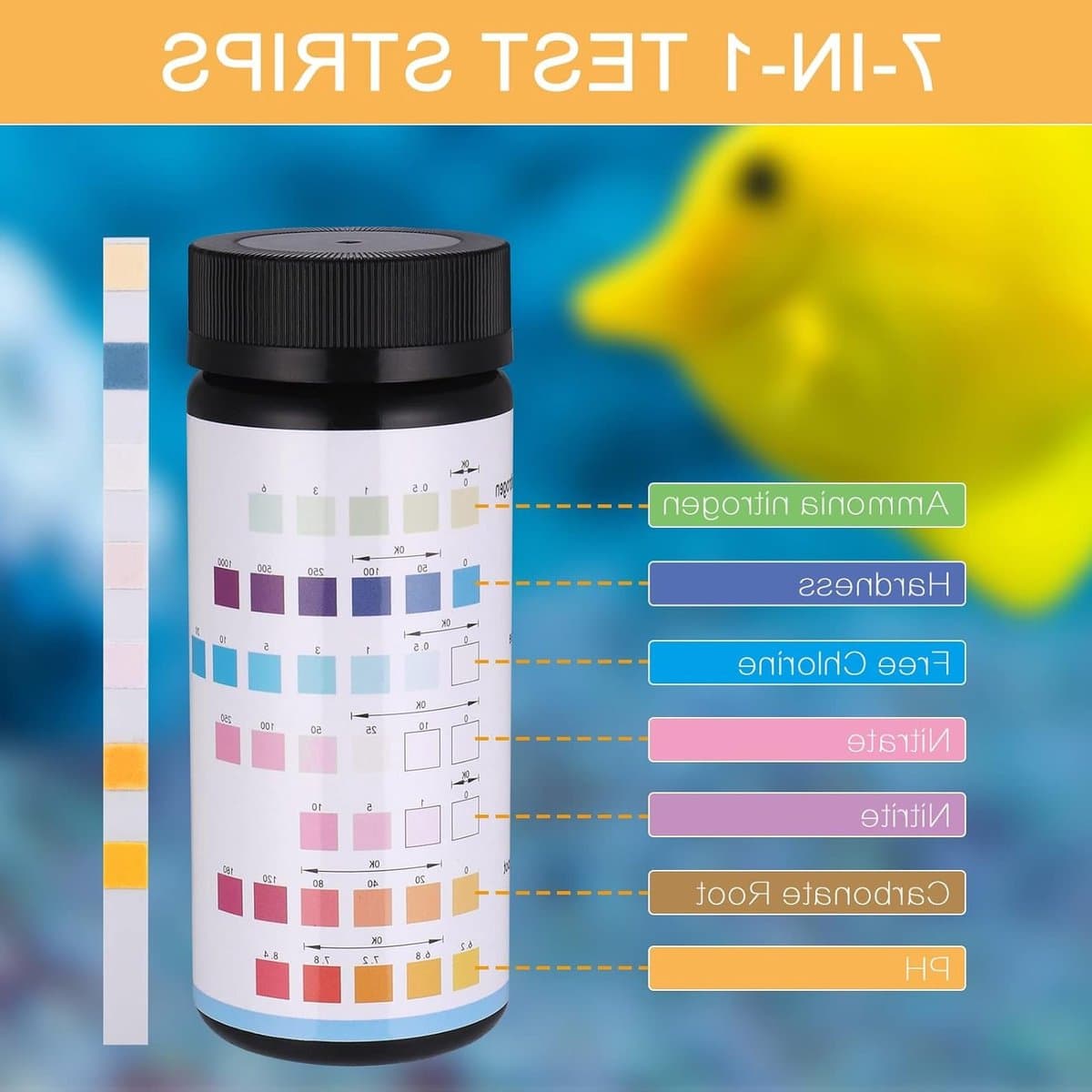 7-in-1 pH Teststrips voor Aquariums en Zwembaden - Waterkwaliteit Testset voor Ammoniak, Nitriet en Chloorwaarden thumbnail 3