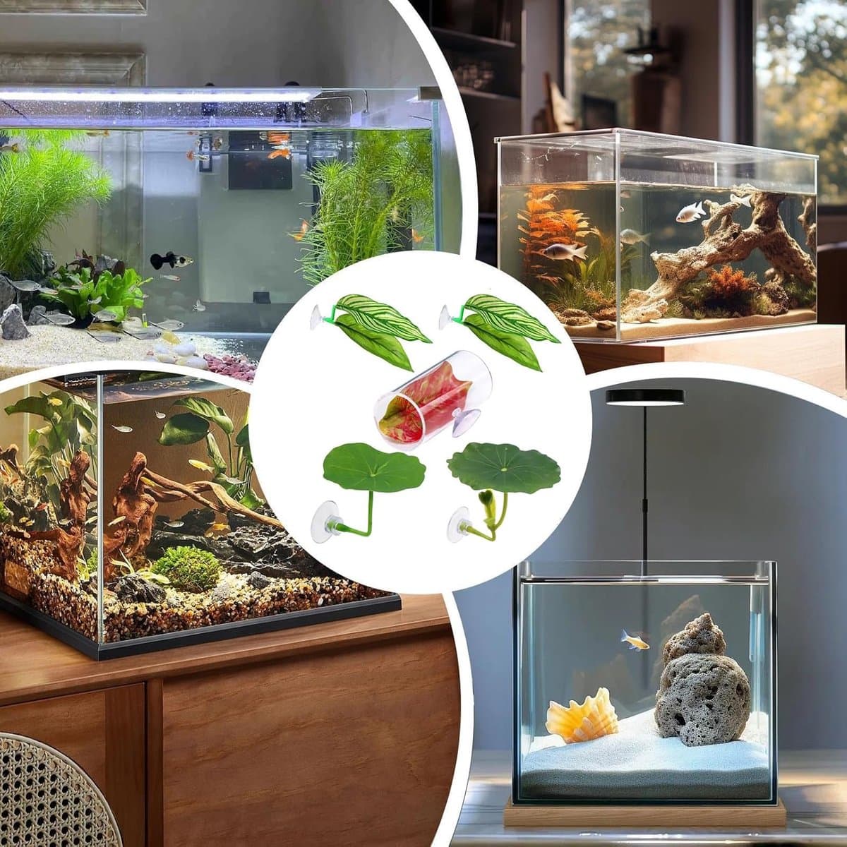 Betta Bed & Tunnel Set - 5 Stuks - Kempvis Rustplaats - Aquarium Decoratie met Zuignap - Realistische Bladeren - Groen thumbnail 5