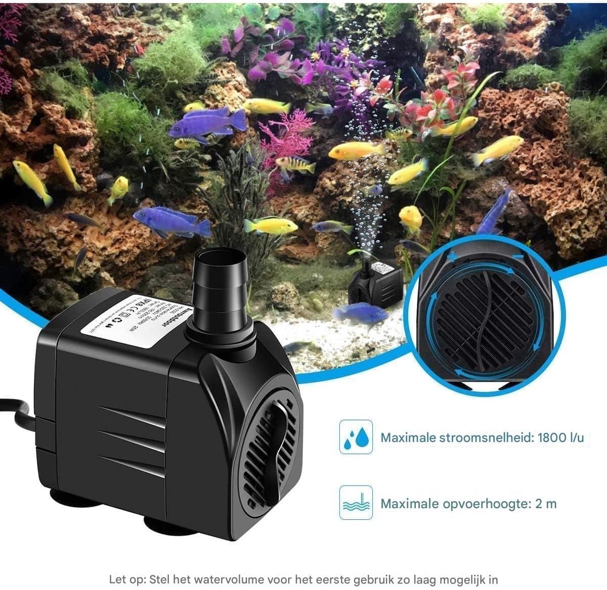 EXCITAT Waterpomp - Dompelpomp - 25W - Aquariumpomp - Wordt geleverd met vervangende koppen - Geschikt voor vijvers, aquaria, tuinen, hydrocultuur thumbnail 4