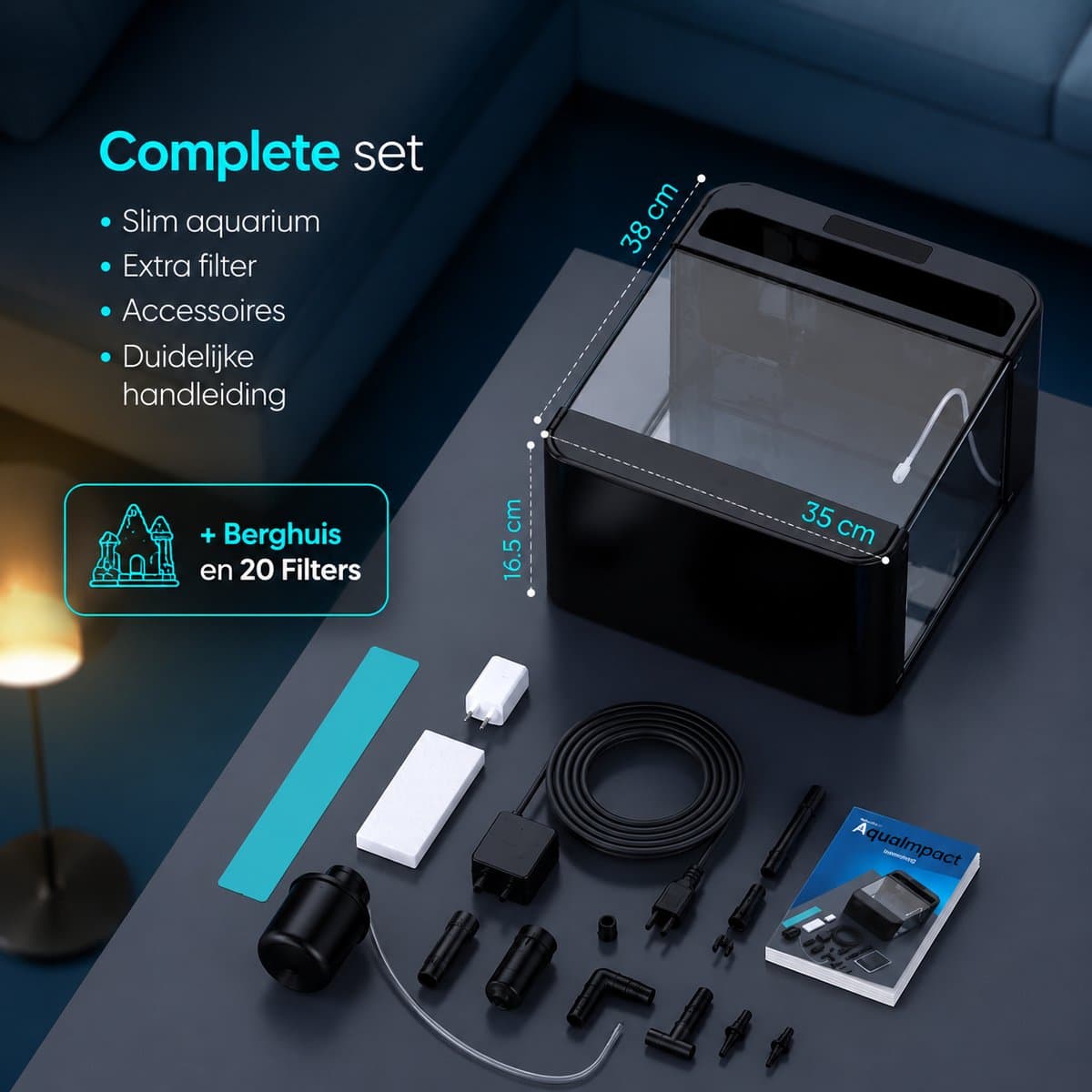 AquaImpact Premium Zelfreinigend Aquarium 26 L – Berghuis - 20 Filters - Decoratie - Set met 3‑in‑1 Pomp - LED & Touch Display – Timer & Dim Functie - Incl. Luchtbevochtiger - Garnalen Aquarium thumbnail 8