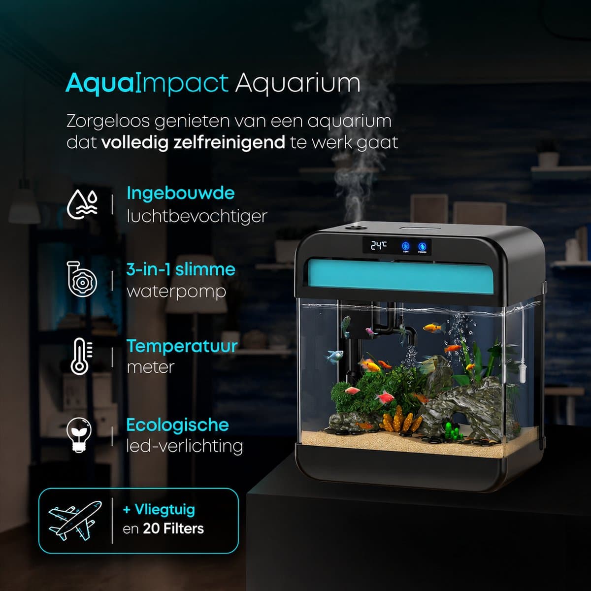 AquaImpact Premium Zelfreinigend Aquarium 26 L – Vliegtuig - 20 Filters - Decoratie - Set met 3‑in‑1 Pomp - LED & Touch Display – Timer & Dim Functie - Incl. Luchtbevochtiger - Garnalen Aquarium thumbnail 3
