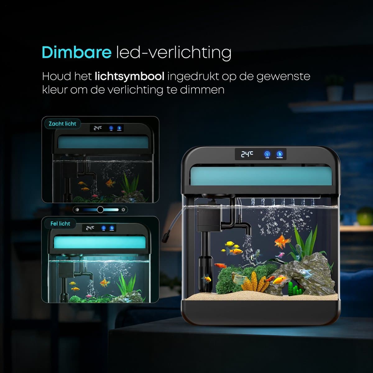 AquaImpact Zelfreinigend Aquarium 13 L – Onderzeeër - 20 Filters - Decoratie - Set met 3‑in‑1 Pomp - LED & Touch Display – Timer & Dim Functie - Incl. Luchtbevochtiger - Garnalen Aquarium thumbnail 7