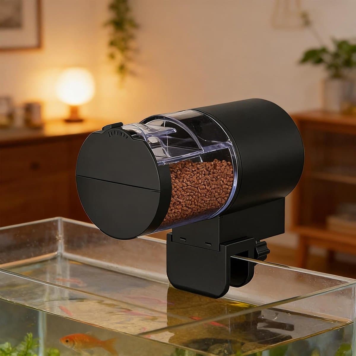 Automatische Voederautomaat Aquarium - Automatische Voederautomaat - Digitale Visvoer Dispenser - met Timer & 360° Rotatie - Vochtbestendige Visvoerautomaat - voor Vakantie - Voor Vlokken, Korrels & Pellets - Klem & Plak Bevestiging - Zwart thumbnail 4