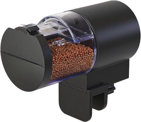 Automatische Voederautomaat Aquarium - Automatische Voederautomaat - Digitale Visvoer Dispenser - met Timer & 360° Rotatie - Vochtbestendige Visvoerautomaat - voor Vakantie - Voor Vlokken, Korrels & Pellets - Klem & Plak Bevestiging - Zwart