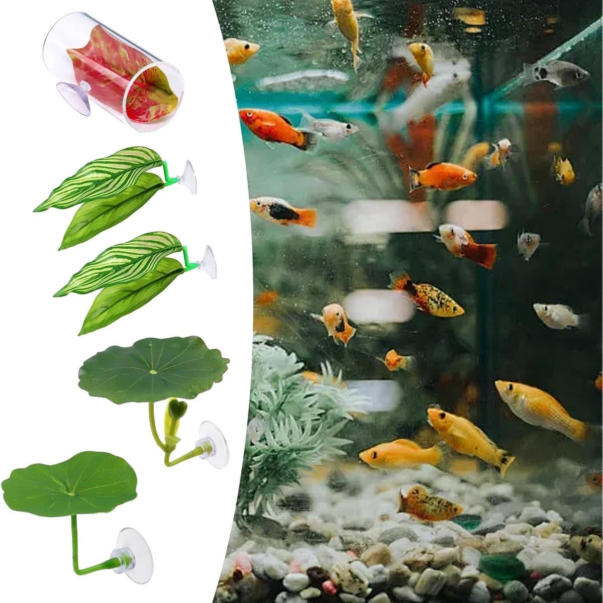 Betta Bed & Tunnel Set - 5 Stuks - Kempvis Rustplaats - Aquarium Decoratie met Zuignap - Realistische Bladeren - Groen thumbnail 4