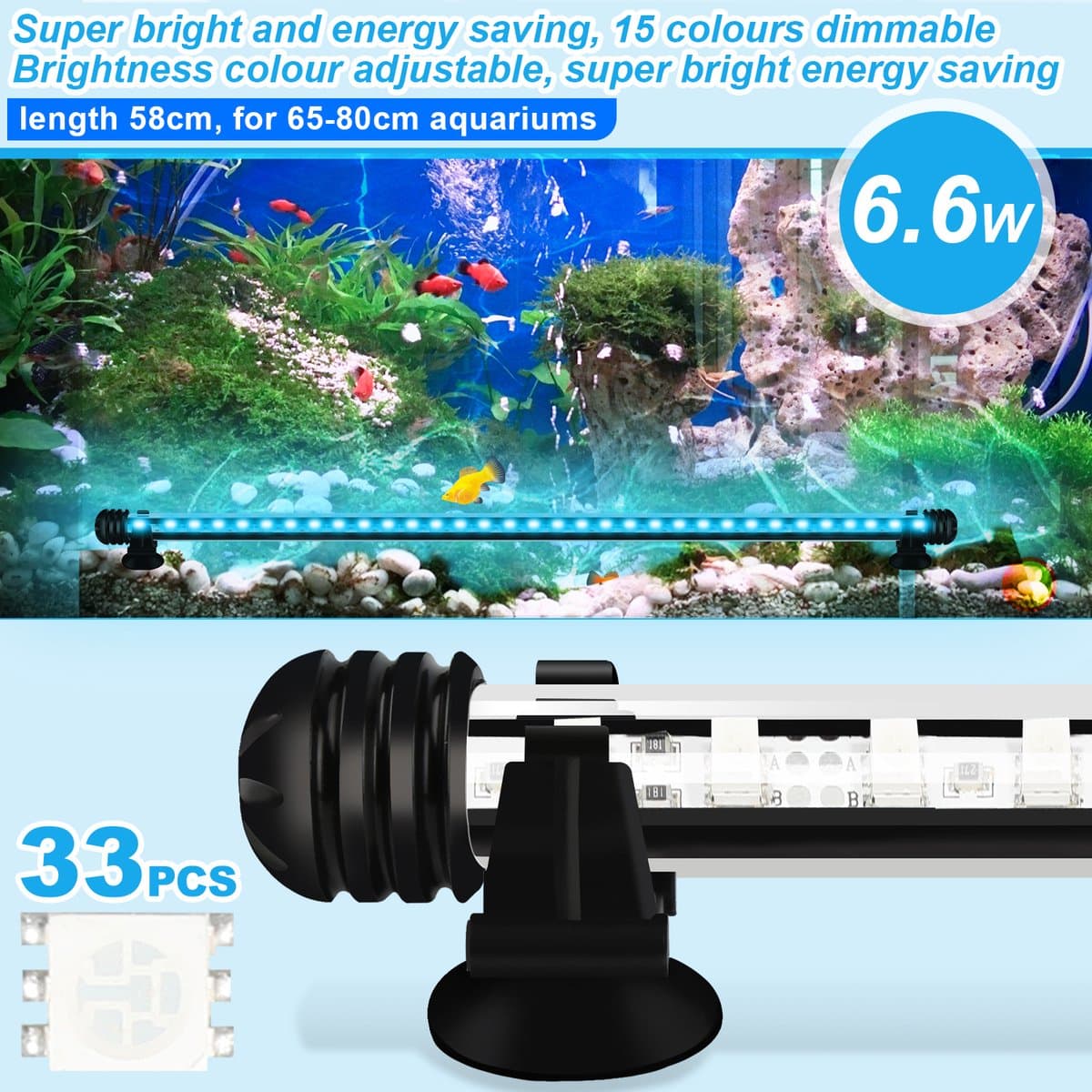 6.6W Aquarium led verlichting RGB-Lengte 58cm-Via de afstands bediening kunt u de kleuren instellen-Dimmen van de rgb aquarium verlichting is ook mogelijk-Onderwater ledlamp van 58cm-IP67-Timer-functie,Functie voor zonsopgang en zonsondergang thumbnail 4