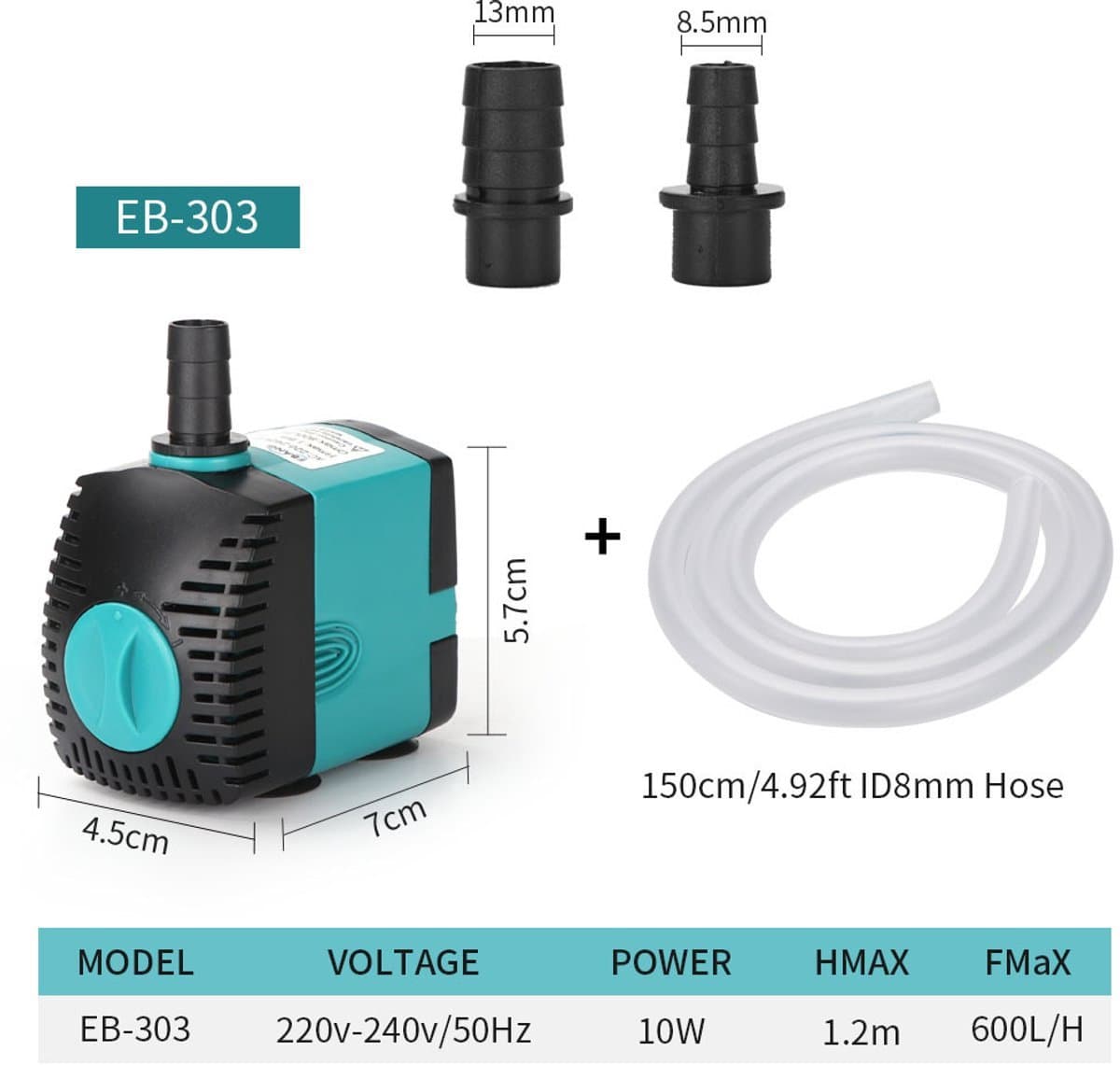 Waterpompen - Mini Waterpomp 10W - Ultra Stille Dompelpomp 600L/u - Aquarium Waterpomp - Vijverpomp - Fonteinpomp - Maximale Opvoerhoogte 1,2 m - Met 1,5 m netsnoer, 2 sproeiers - Voor Aquaria, Fonteinen, Beelden, Hydrocultuur, Vijvers thumbnail 4