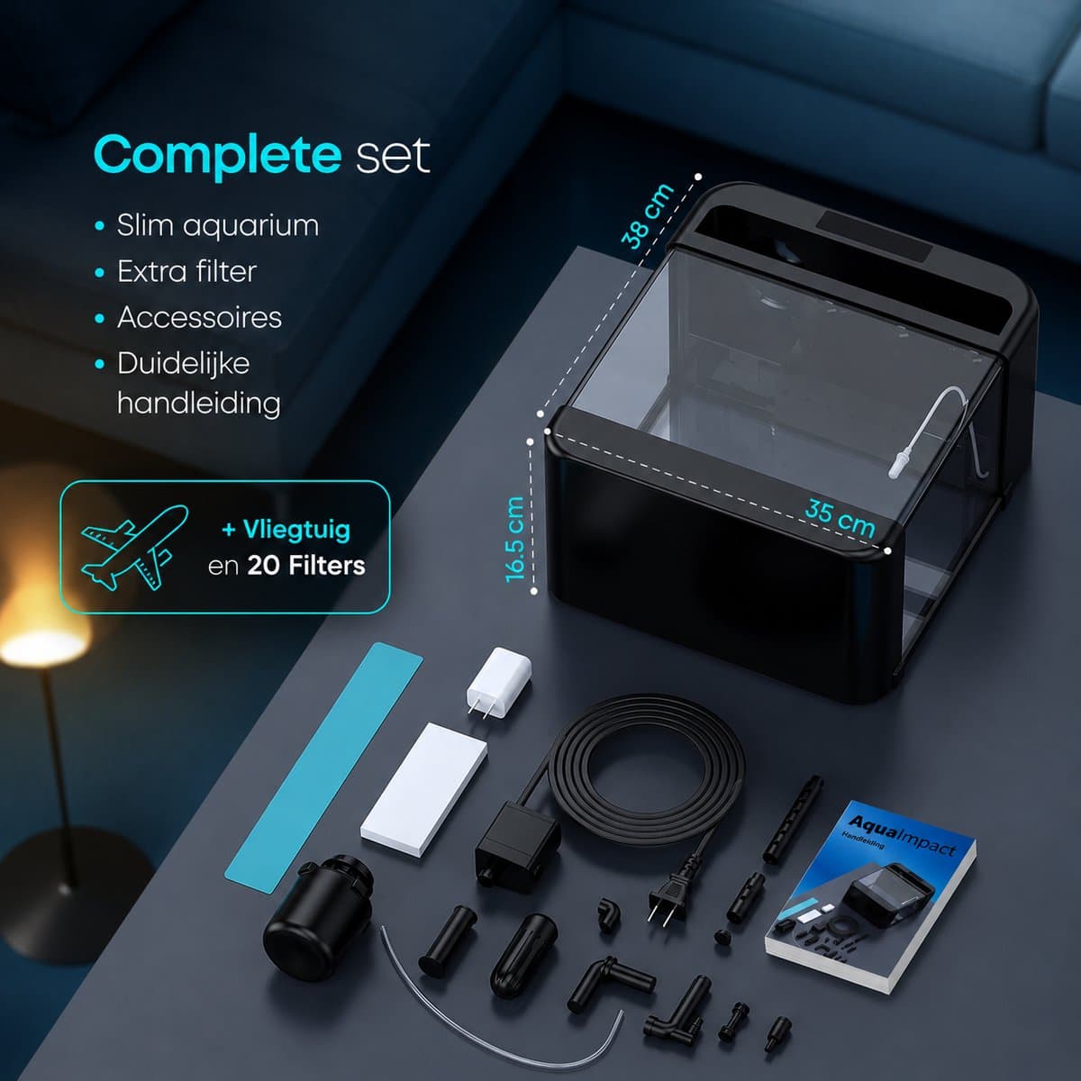 AquaImpact Premium Zelfreinigend Aquarium 26 L – Vliegtuig - 20 Filters - Decoratie - Set met 3‑in‑1 Pomp - LED & Touch Display – Timer & Dim Functie - Incl. Luchtbevochtiger - Garnalen Aquarium thumbnail 9