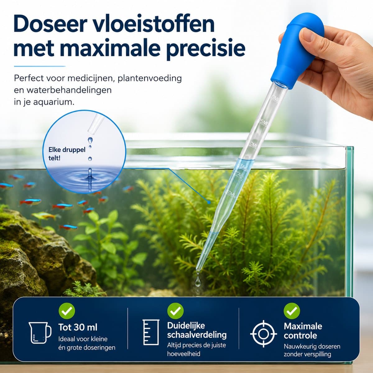 Aqua-Loui® - Aquarium Pipet 30 ml - Lange Doseerpipet met Rubberen Knijpbal - Pipet met Schaalverdeling - Druppelaar voor Aquarium, Medicatie, Plantenvoeding en Waterbehandeling - 28 cm thumbnail 3