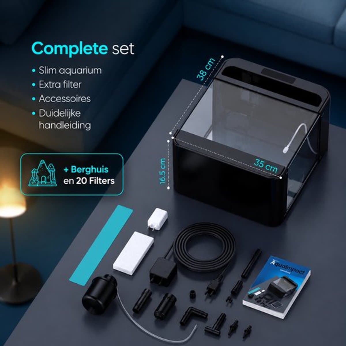 AquaImpact Zelfreinigend Aquarium 13 L – Berghuis - 20 Filters - Decoratie - Set met 3‑in‑1 Pomp - LED & Touch Display – Timer & Dim Functie - Incl. Luchtbevochtiger - Garnalen Aquarium thumbnail 9