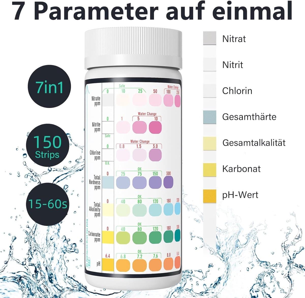 SnelShoppen - 7-in-1 Aquarium Test Strips - 150 Stuks - Waterkwaliteit Testset voor Zoetwater - Nitraat, Nitriet, Hardheid, Alkaliteit, pH, Chloor, Ca thumbnail 5