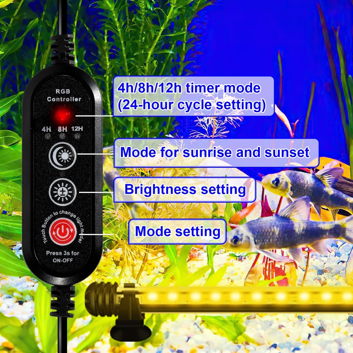 6.6W Aquarium led verlichting RGB-Lengte 58cm-Via de afstands bediening kunt u de kleuren instellen-Dimmen van de rgb aquarium verlichting is ook mogelijk-Onderwater ledlamp van 58cm-IP67-Timer-functie,Functie voor zonsopgang en zonsondergang thumbnail 8