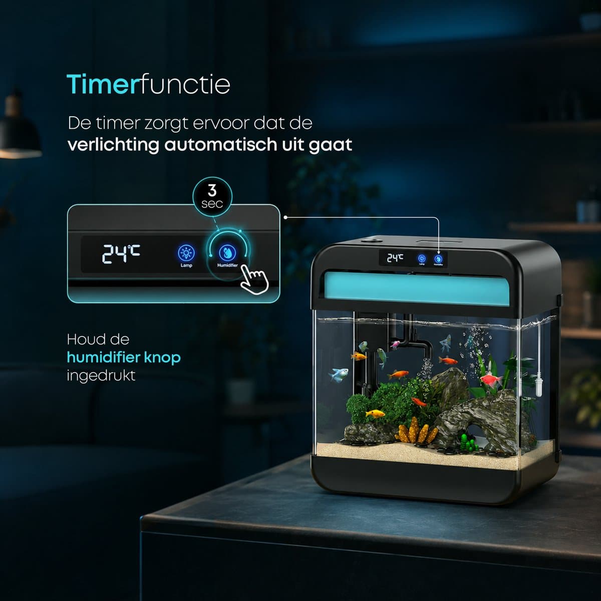 AquaImpact Premium Zelfreinigend Aquarium 26 L – Set met 3‑in‑1 Pomp - LED & Touch Display – Timer & Dim Functie - Incl. Luchtbevochtiger - Garnalen Aquarium thumbnail 11