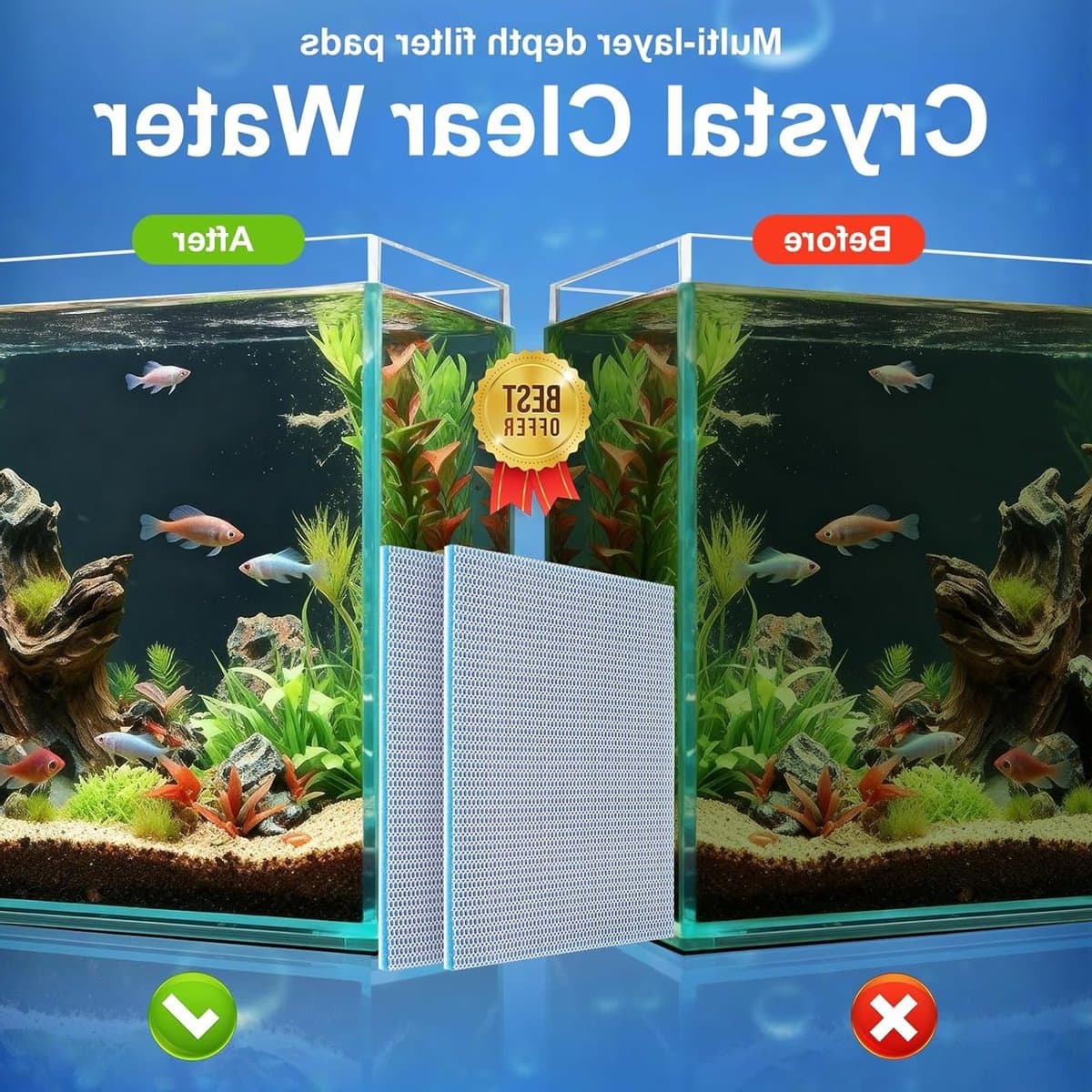 Set van 2 Aquarium Filter Sponzen (40 x 30 x 2 cm), Filter Schuim Mat voor Aquarium, Waterkwaliteit Testset met 100 Strips en 15 ml Testbuis thumbnail 6