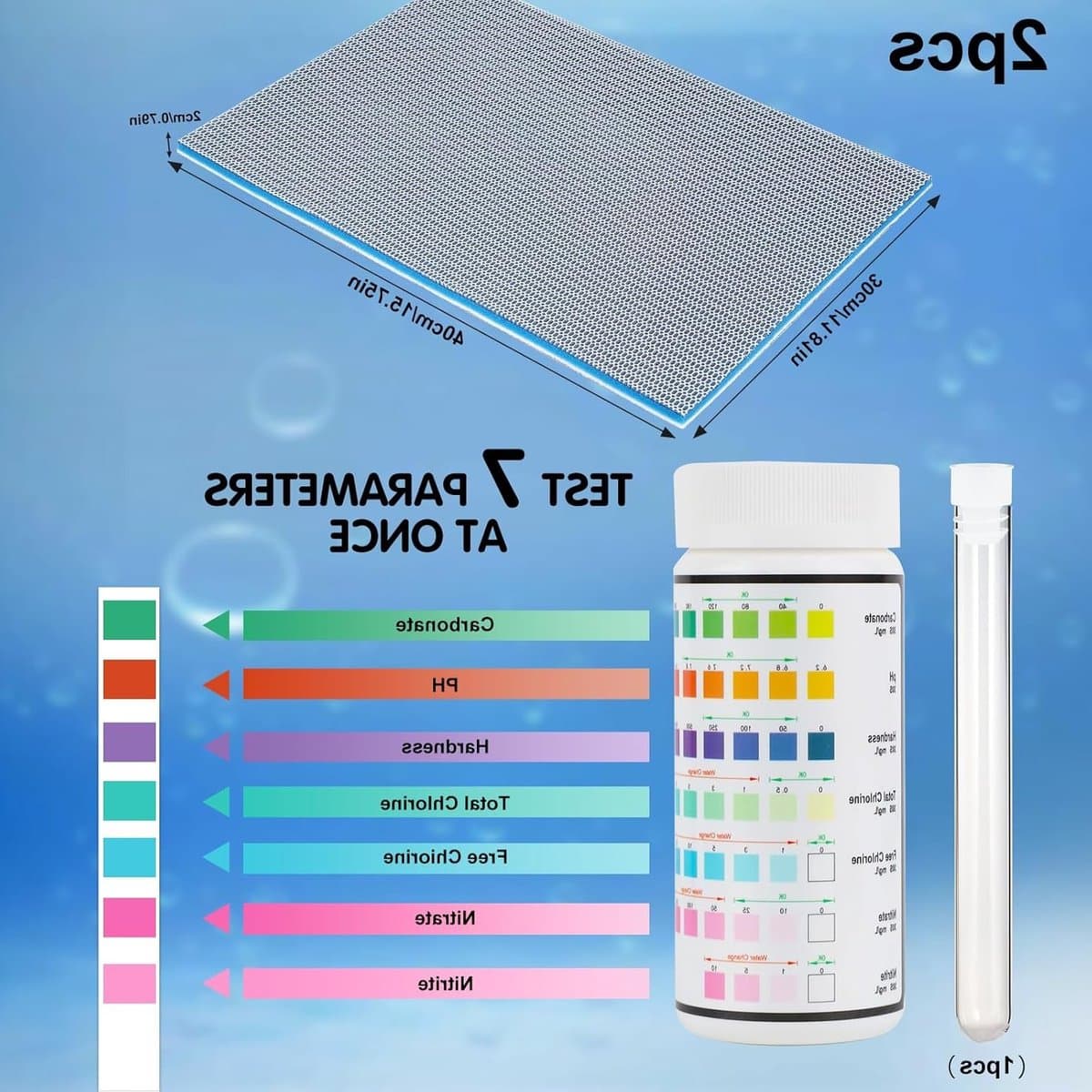 Set van 2 Aquarium Filter Sponzen (40 x 30 x 2 cm), Filter Schuim Mat voor Aquarium, Waterkwaliteit Testset met 100 Strips en 15 ml Testbuis thumbnail 5