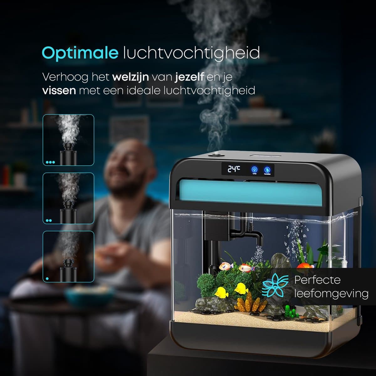 AquaImpact Premium Zelfreinigend Aquarium 26 L – Set met 3‑in‑1 Pomp - LED & Touch Display – Timer & Dim Functie - Incl. Luchtbevochtiger - Garnalen Aquarium thumbnail 5
