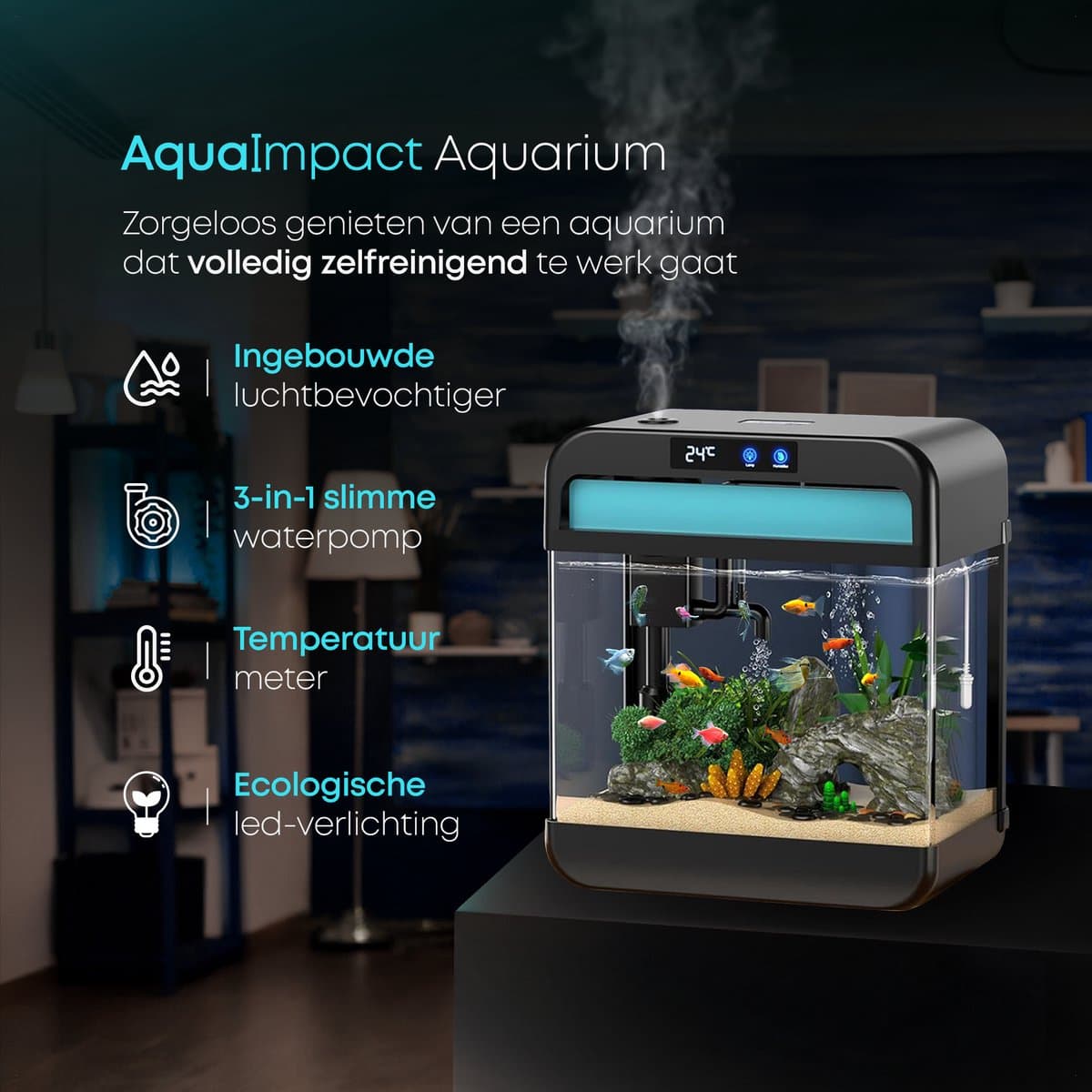 AquaImpact Premium Zelfreinigend Aquarium 26 L – Set met 3‑in‑1 Pomp - LED & Touch Display – Timer & Dim Functie - Incl. Luchtbevochtiger - Garnalen Aquarium thumbnail 3
