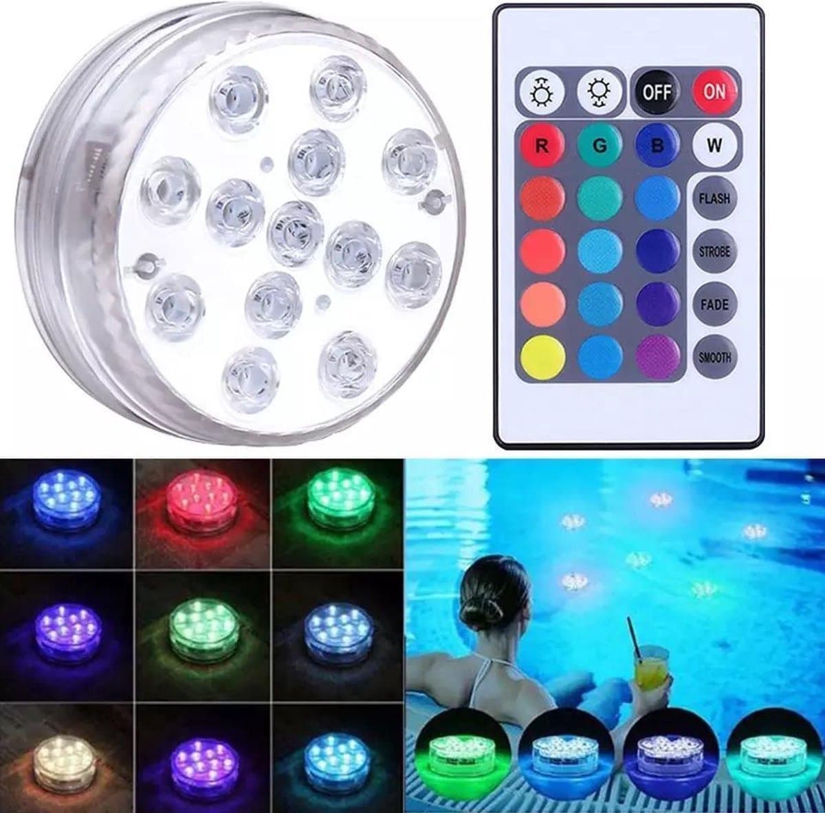 Jumalu RGB Onderwater LED Lampenset op Batterijen – 2 Waterdichte LED Lampen met Afstandsbediening – 16 Kleuren – Dimbaar – IP67 – Geschikt voor Zwembad, Aquarium, Fontein, Vaas en Sfeerverlichting thumbnail 7