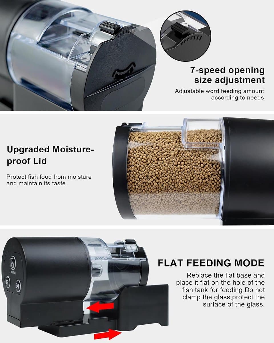 Automatische Voederautomaat voor Aquarium -Vochtbestendige Visvoerautomaat - voor Vakantie - Voor Vlokken, Korrels & Pellets - Klem & Plak Bevestiging - 100ML-Zwart thumbnail 2