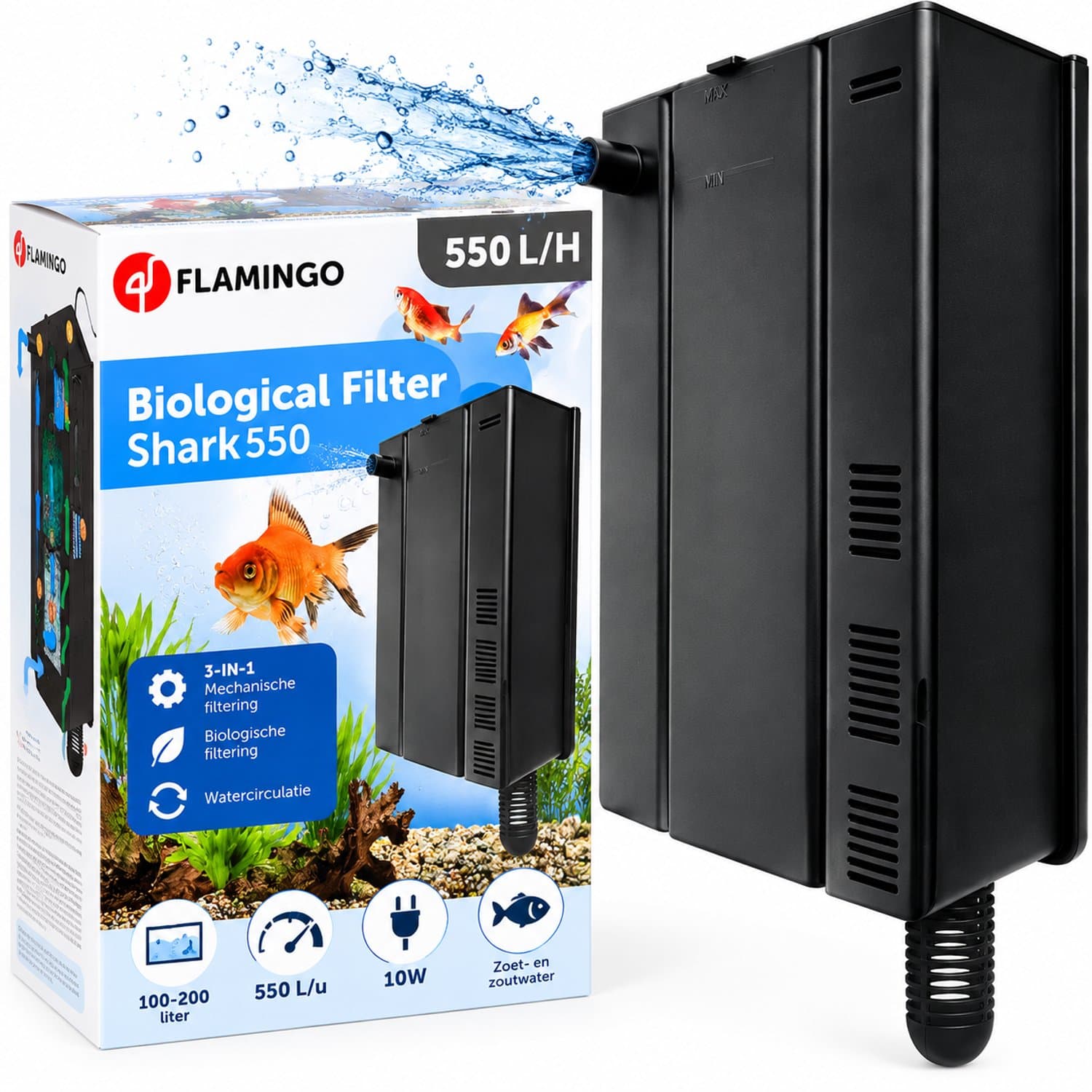 Filter aquarium - Flamingo Shark 550 - L - zwart - biologisch 3-in-1 - 550 L/u - 10W - 100 tot 200 liter - afbeelding 1