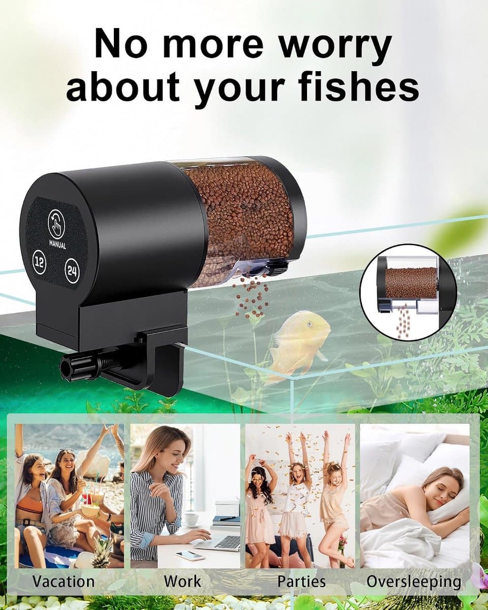 Automatische Voederautomaat voor Aquarium -Vochtbestendige Visvoerautomaat - voor Vakantie - Voor Vlokken, Korrels & Pellets - Klem & Plak Bevestiging - 100ML-Zwart thumbnail 4