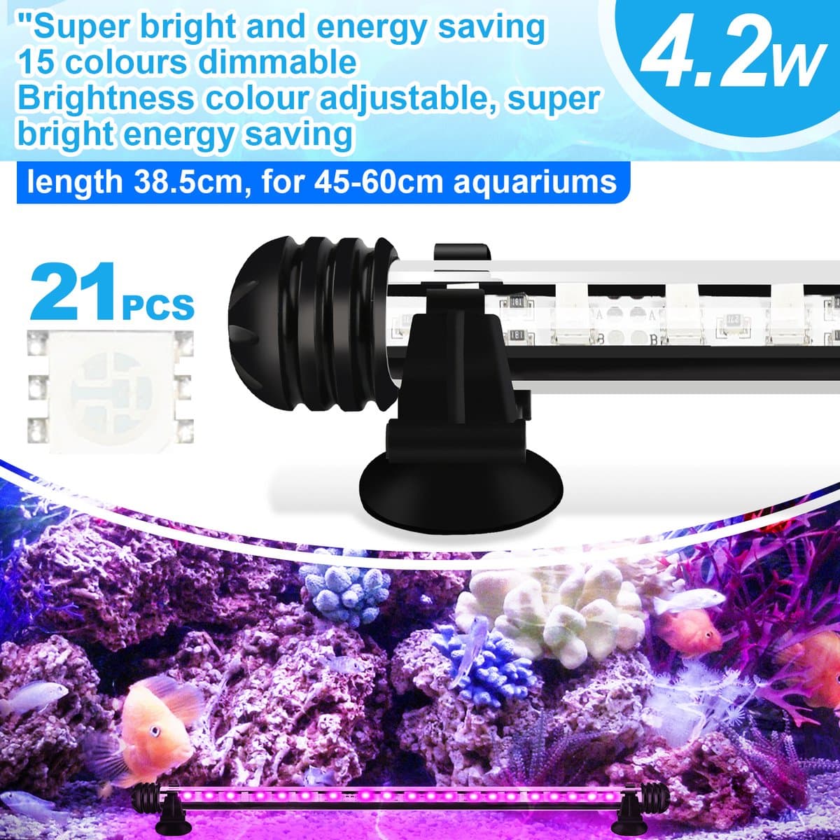 5.4W Aquarium led verlichting RGB-Lengte 48.5cm-Via de afstands bediening kunt u de kleuren instellen-Dimmen van de rgb aquarium verlichting is ook mogelijk-Onderwater ledlamp van 48.5cm-IP67-Timer-functie,Functie voor zonsopgang en zonsondergang thumbnail 5