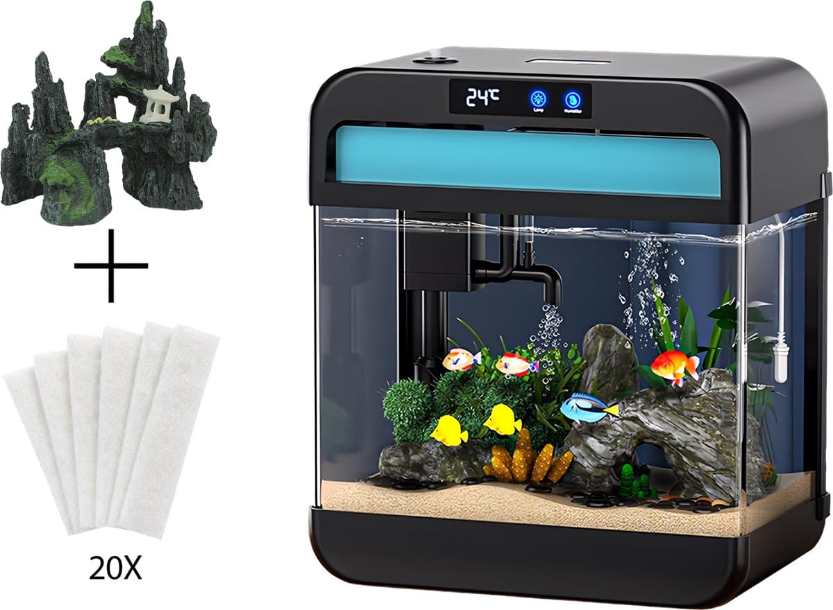 AquaImpact Zelfreinigend Aquarium 13 L – Berghuis - 20 Filters - Decoratie - Set met 3‑in‑1 Pomp - LED & Touch Display – Timer & Dim Functie - Incl. Luchtbevochtiger - Garnalen Aquarium