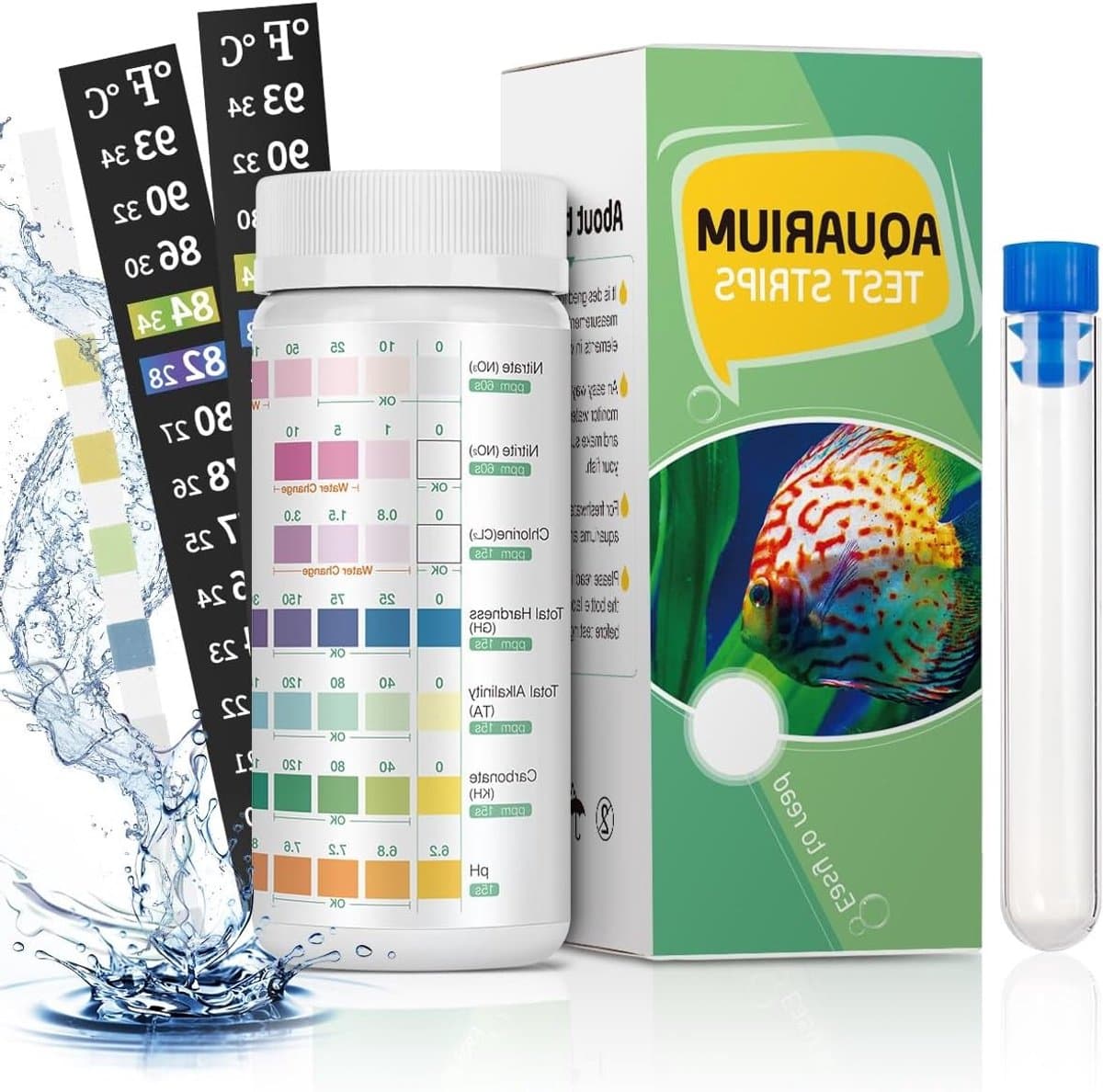 7-in-1 Water Testset voor Aquariums met Testbuis en Thermometer, 100 Teststrips voor Nauwkeurige Wateranalyse