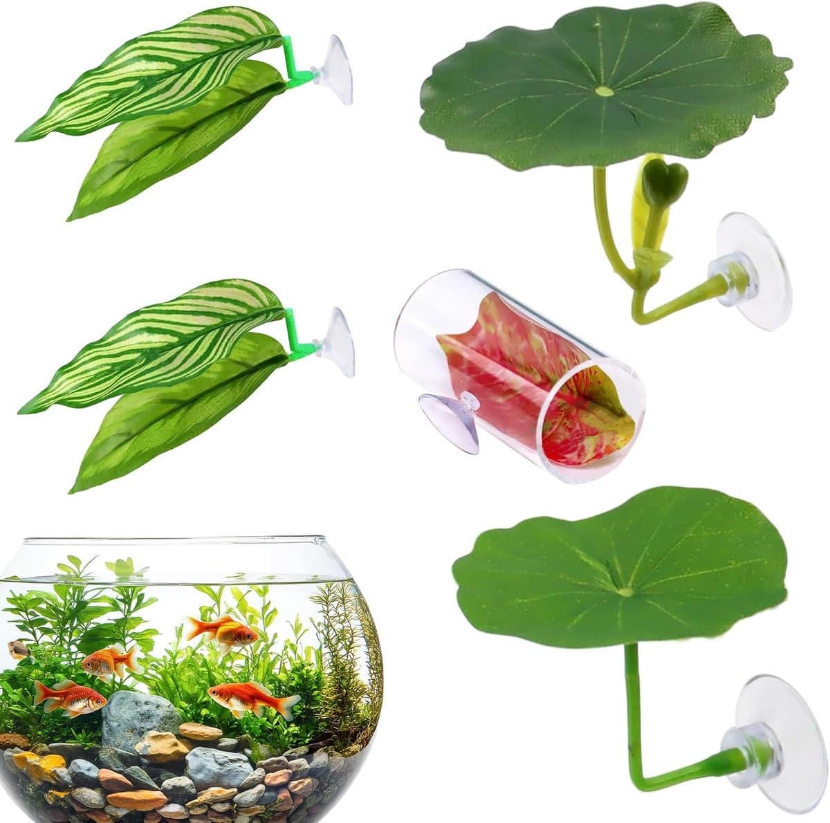 Betta Bed & Tunnel Set - 5 Stuks - Kempvis Rustplaats - Aquarium Decoratie met Zuignap - Realistische Bladeren - Groen