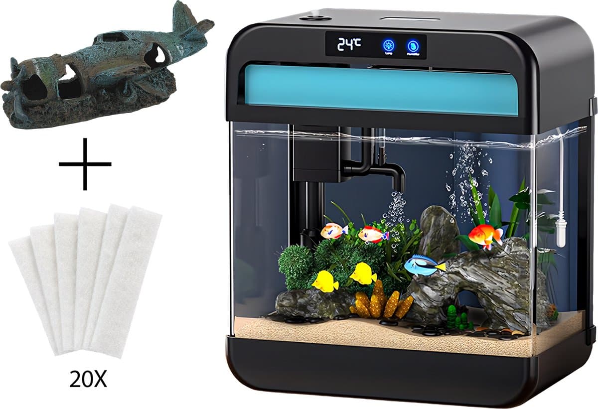 AquaImpact Zelfreinigend Aquarium 13 L – Vliegtuig - 20 Filters - Decoratie - Set met 3‑in‑1 Pomp - LED & Touch Display – Timer & Dim Functie - Incl. Luchtbevochtiger - Garnalen Aquarium